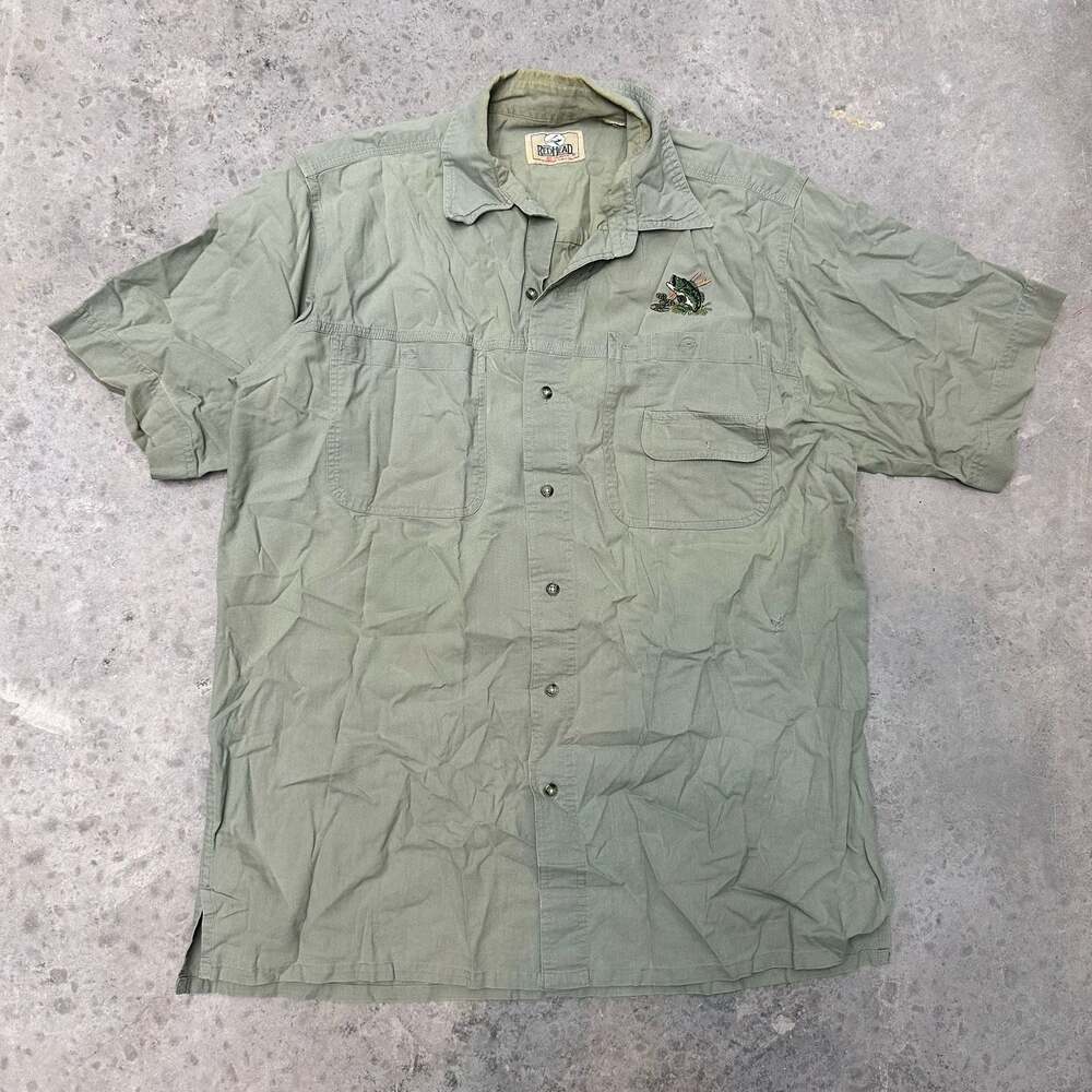 RedHead Green Short Sleeve Button Up Fishing Shirt With Bass Fish Embroidery